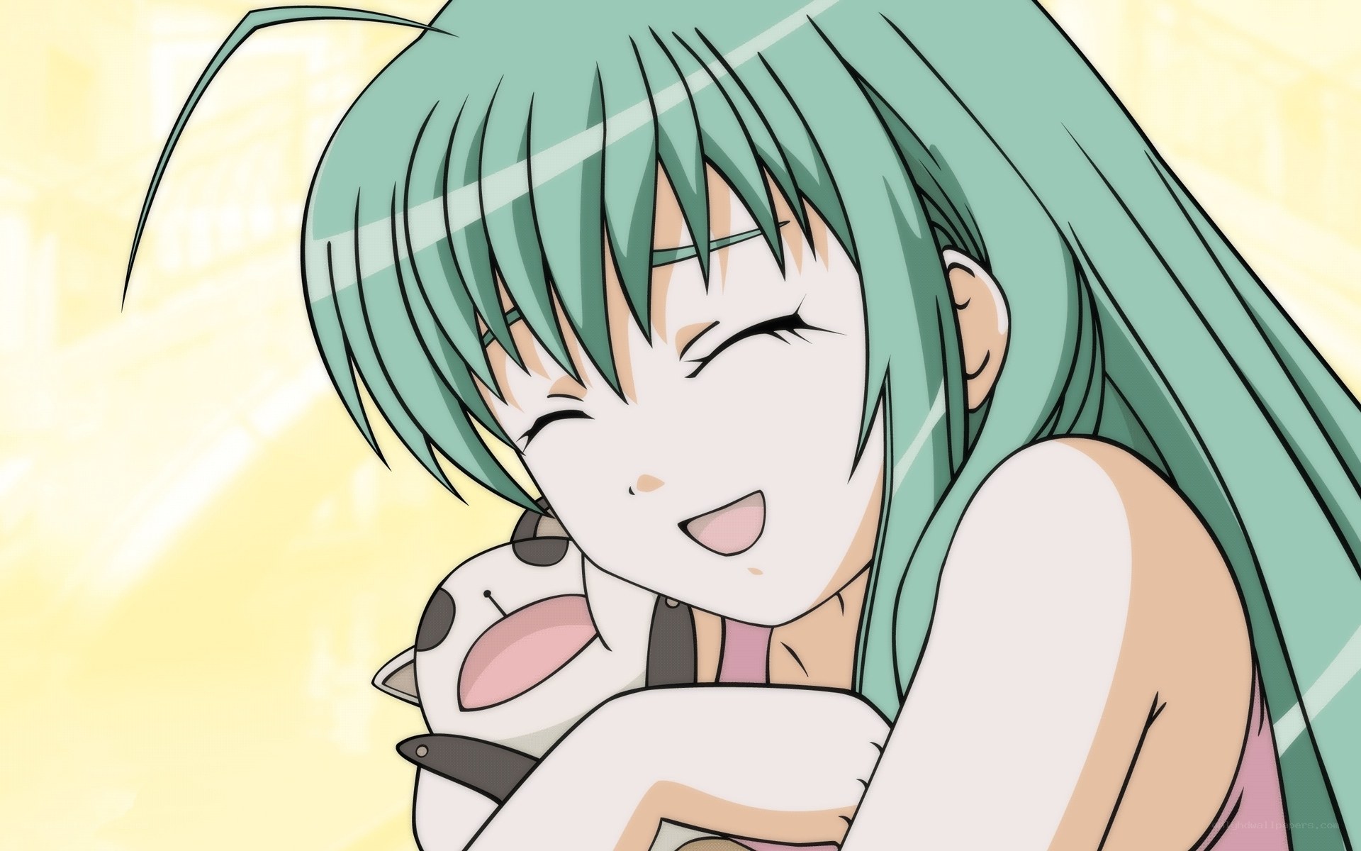 green-haired girl hugging plush