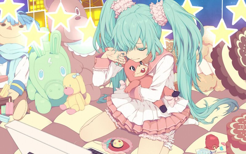 Green-haired Girl Hugging Toy — Cyan