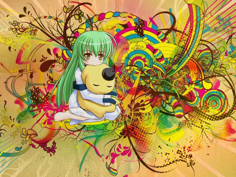 Green-haired Girl Hugging Toy — Yellow