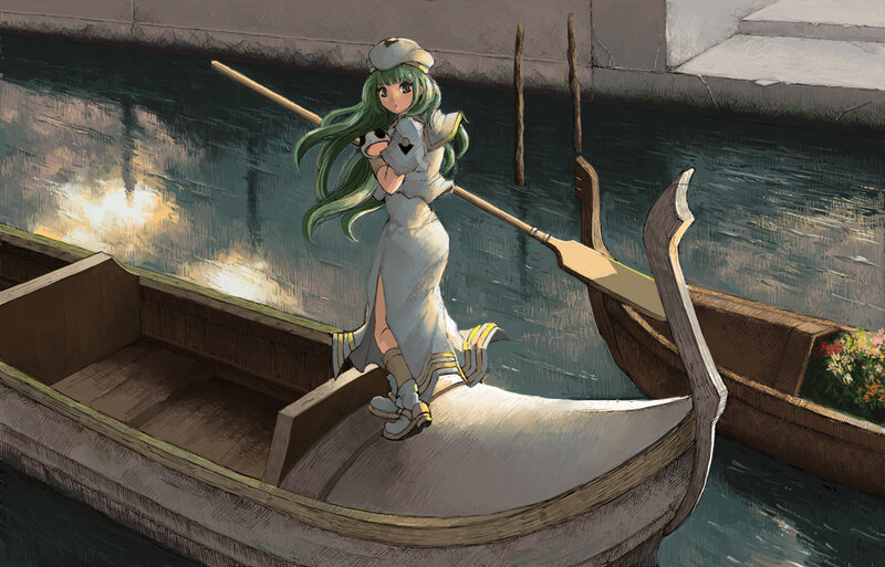 Green-haired girl in a boat