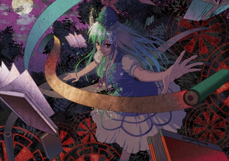green-haired girl in a book-filled forest