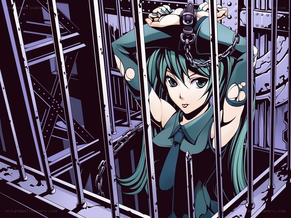 green-haired girl in a cage