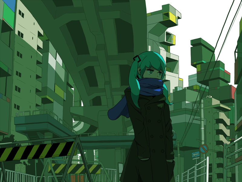 green-haired girl in a city