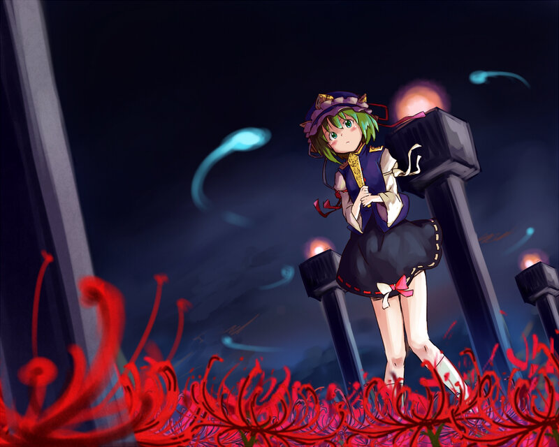 Green-haired girl in a dark field