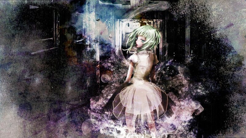 green-haired girl in a dark room