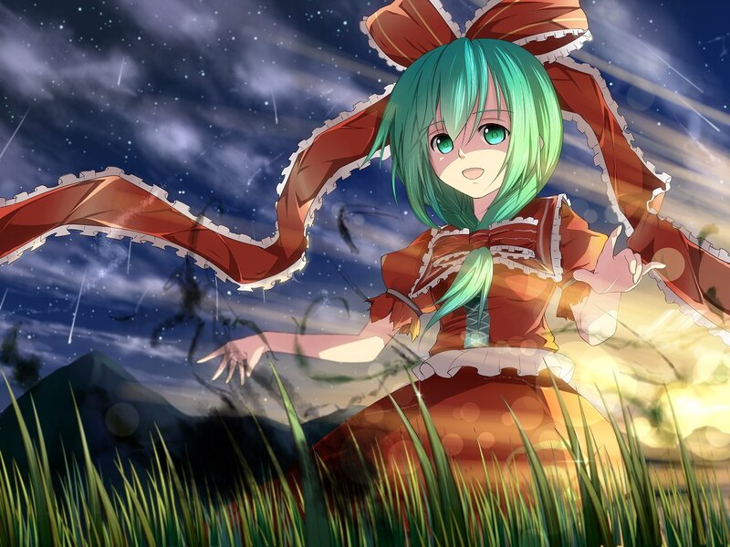 green-haired girl in a field
