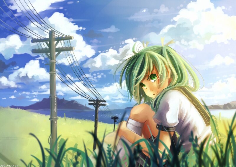 Green-haired girl in a field