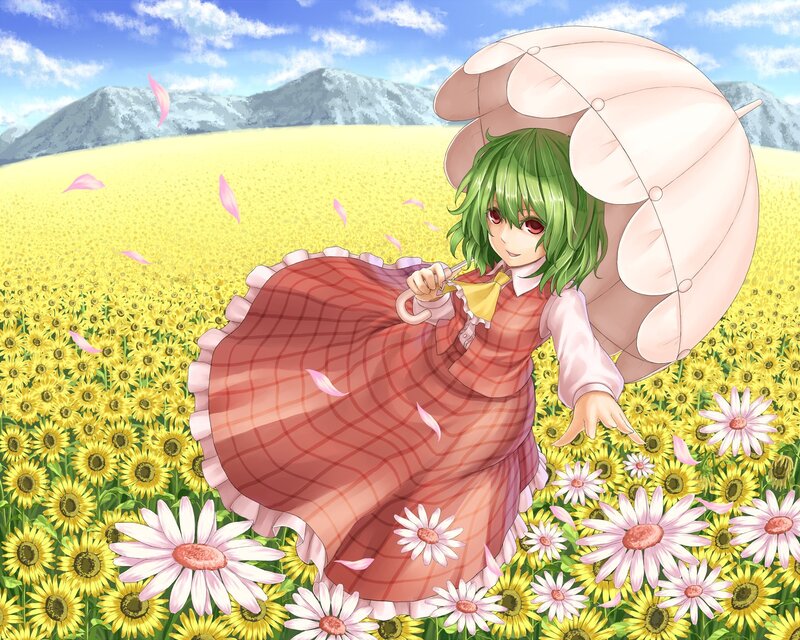 green-haired girl in a flower field