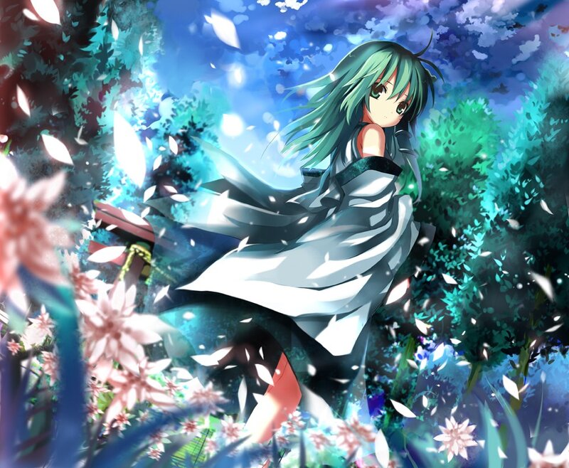 green-haired girl in a flower garden