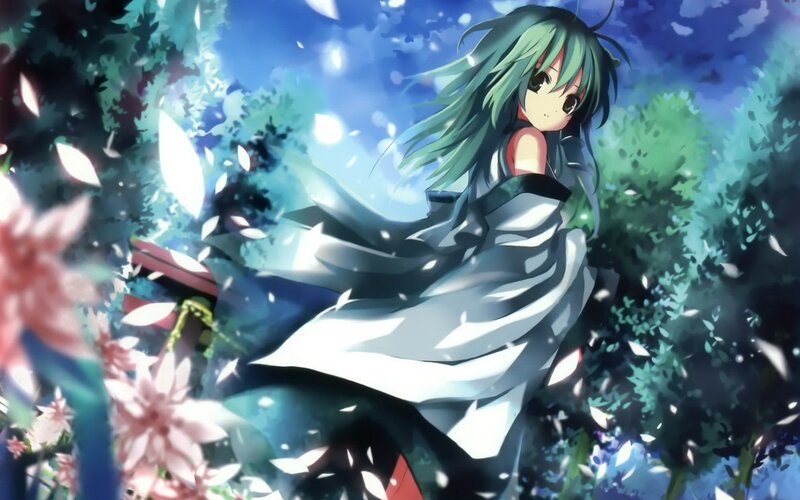 green-haired girl in a garden