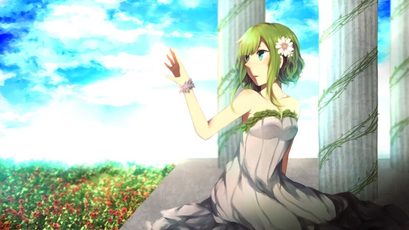 green-haired girl in a garden