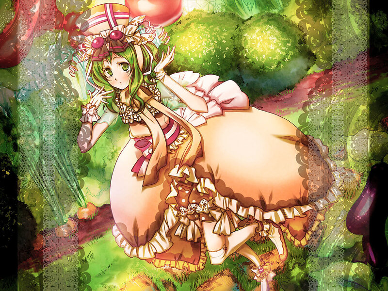 green-haired girl in a garden