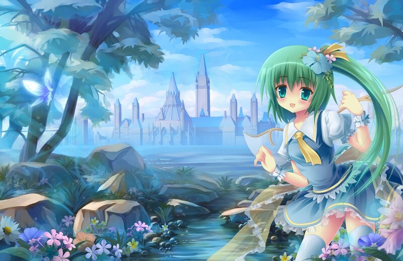 green-haired girl in a garden