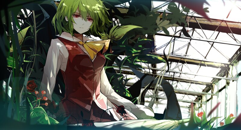 green-haired girl in a greenhouse