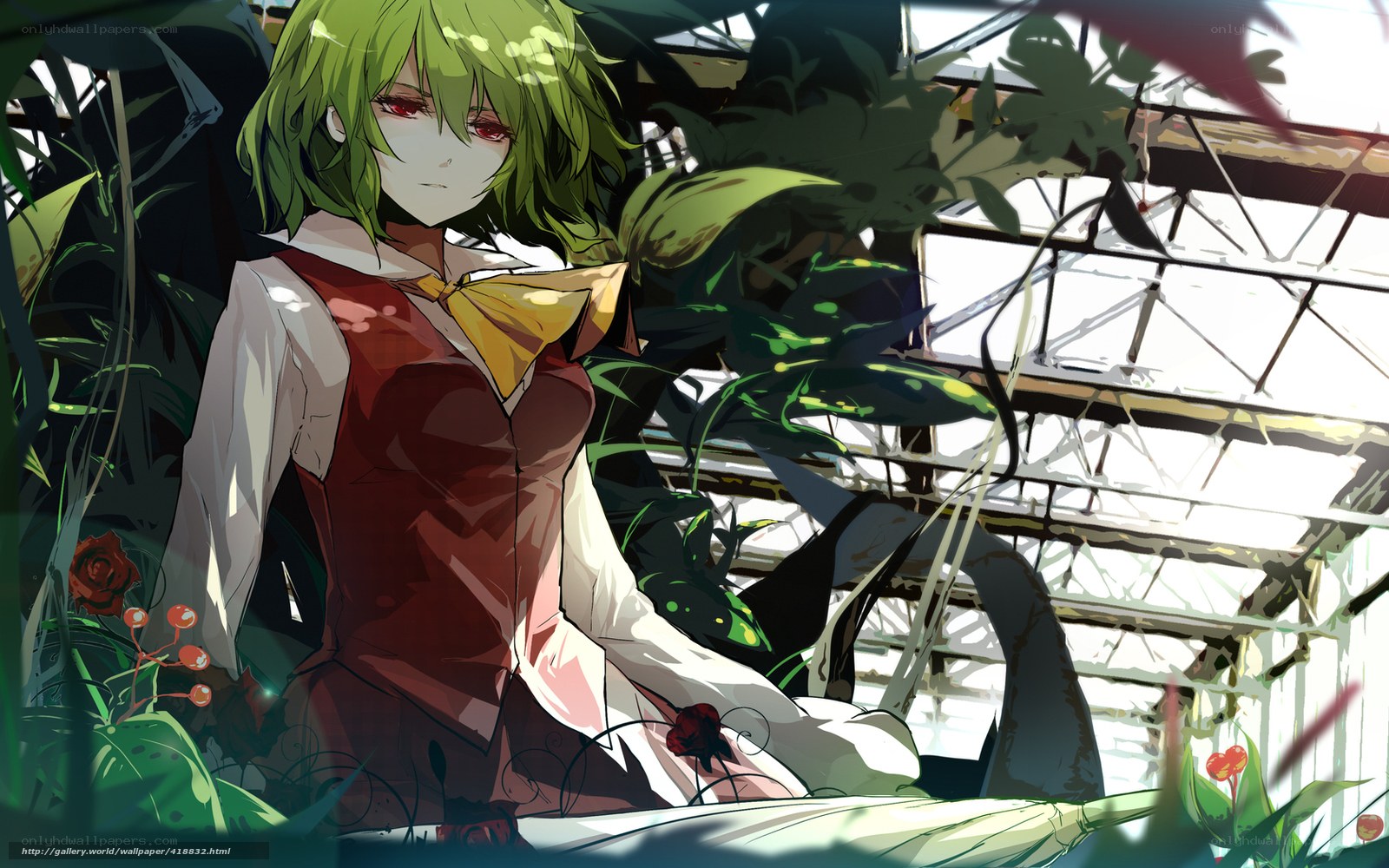 Green-haired girl in a greenhouse