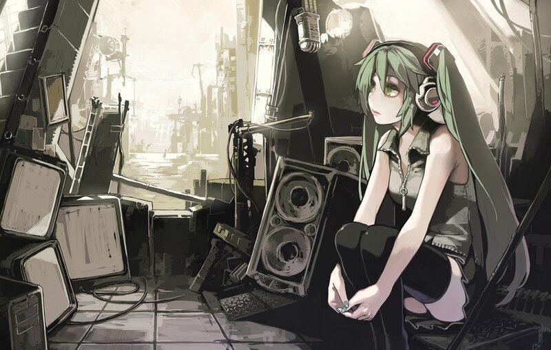 green-haired girl in a junkyard