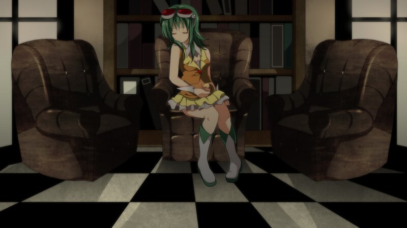 green-haired girl in a library