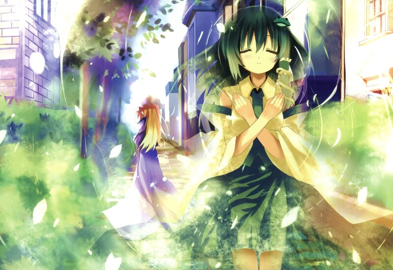 Green-haired girl in a magical scene