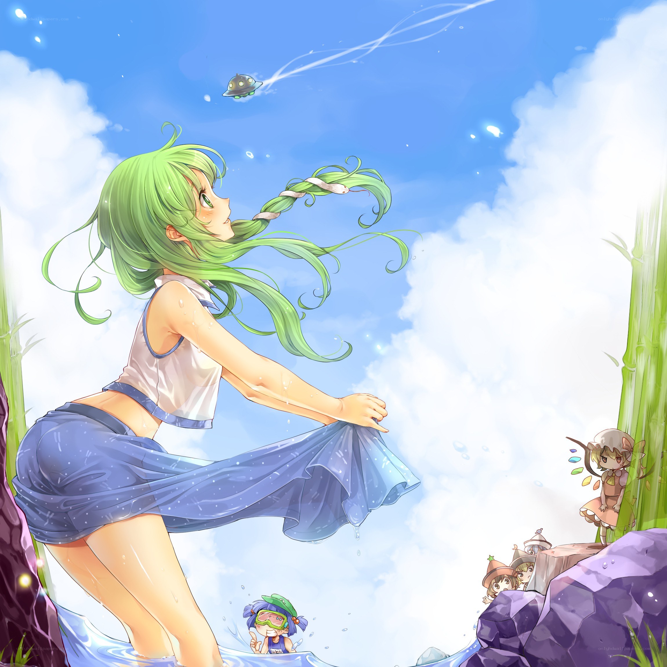 Green-haired girl in a pond