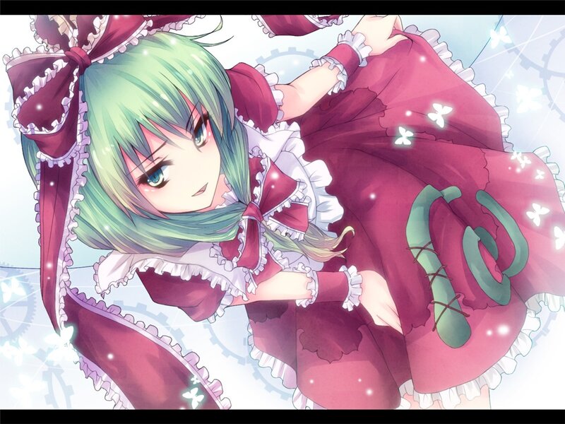 green-haired girl in a red dress