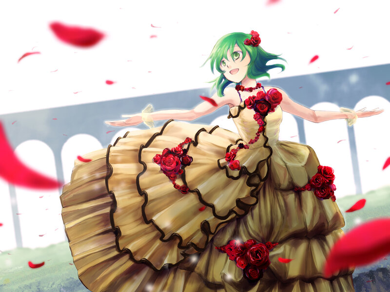green-haired girl in a rose dress