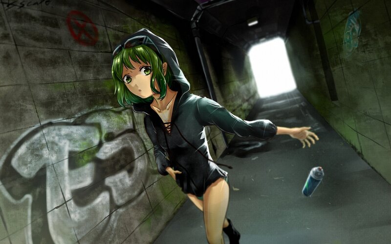 Green-haired girl in a tunnel