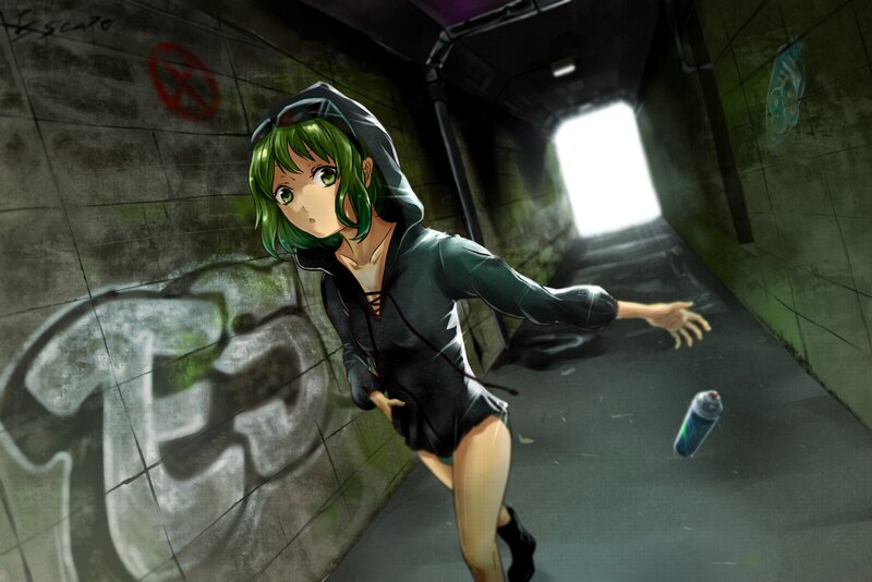 Green-haired girl in a tunnel