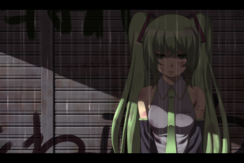 green-haired girl in alley
