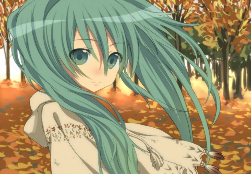 green-haired girl in autumn