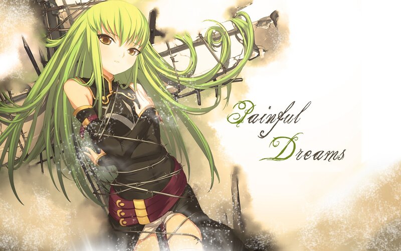 Green-haired girl in barbed wire