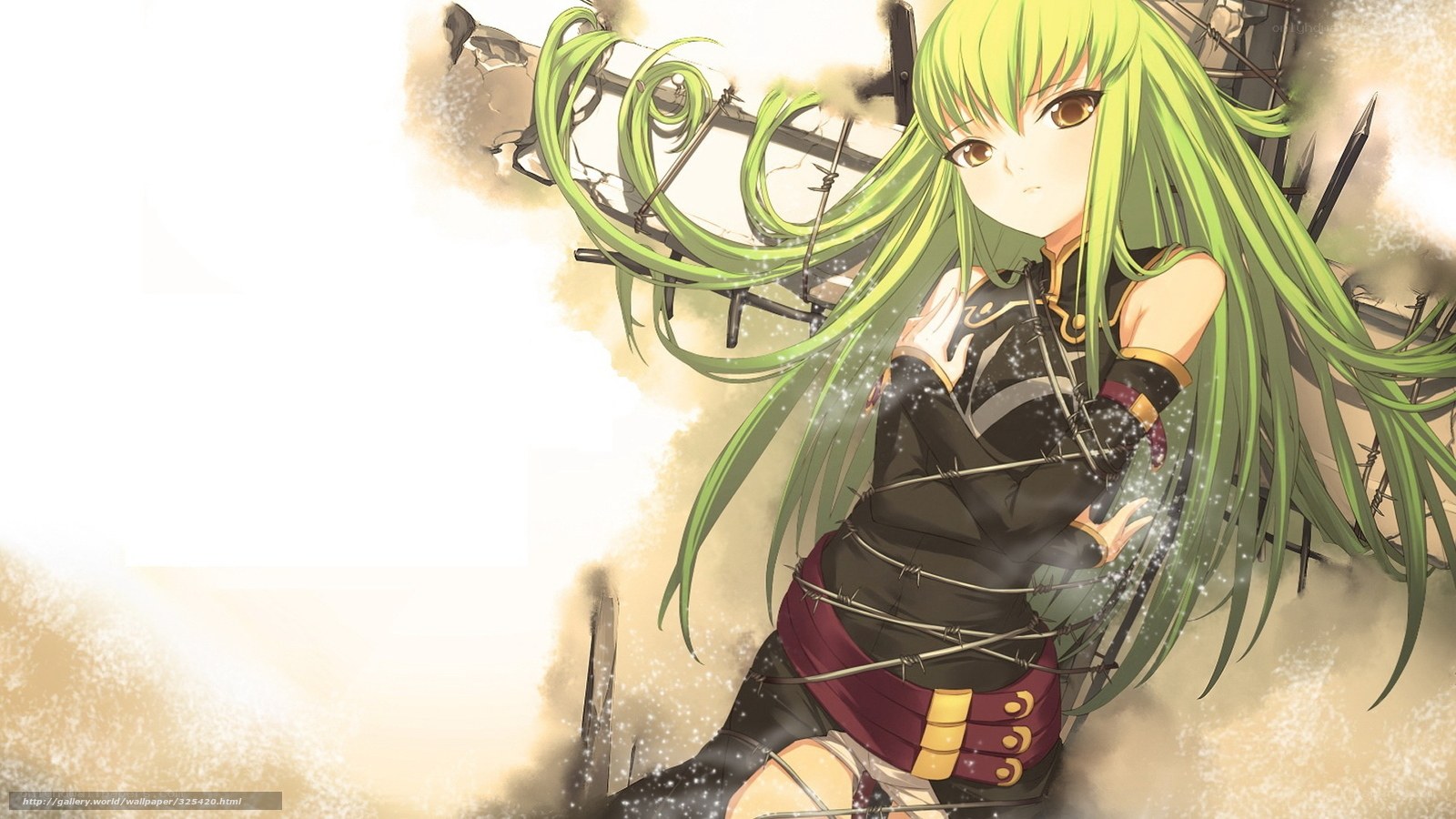 green-haired girl in barbed wire