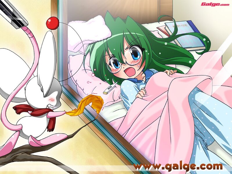 Green-haired girl in bed with rabbit