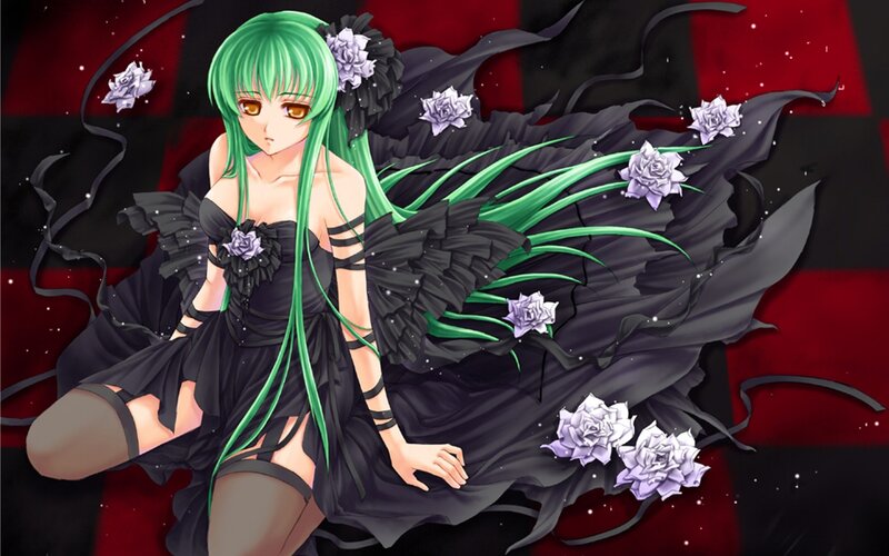 green-haired girl in black dress