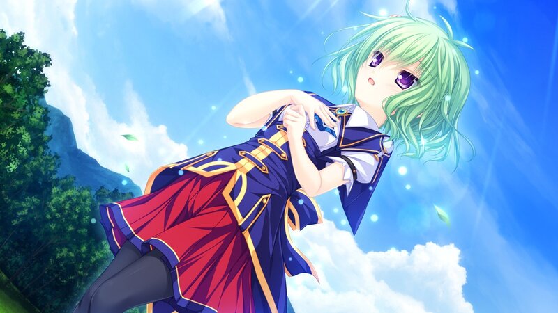 green-haired girl in blue and red dress