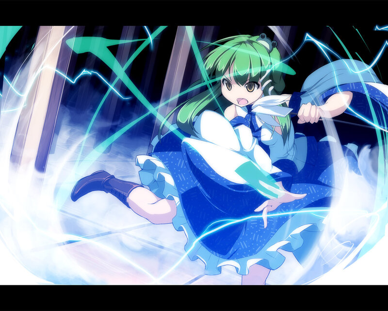 green-haired girl in blue dress