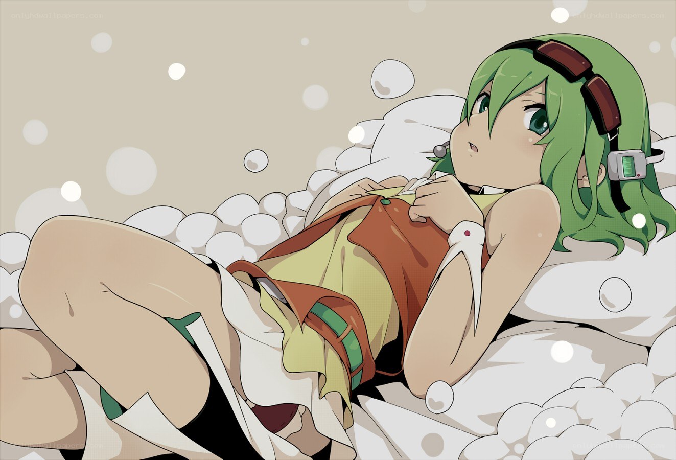 green-haired girl in bubbles