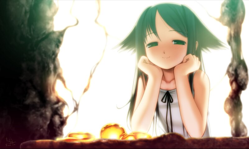 green-haired girl in cave