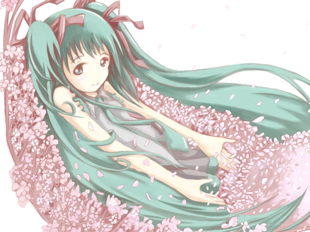 green-haired girl in cherry blossoms