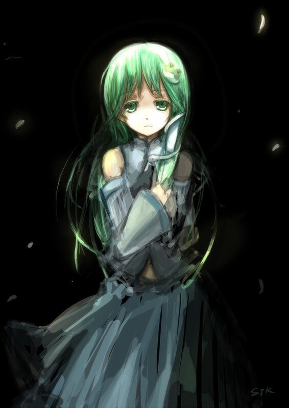 green-haired girl in dark dress