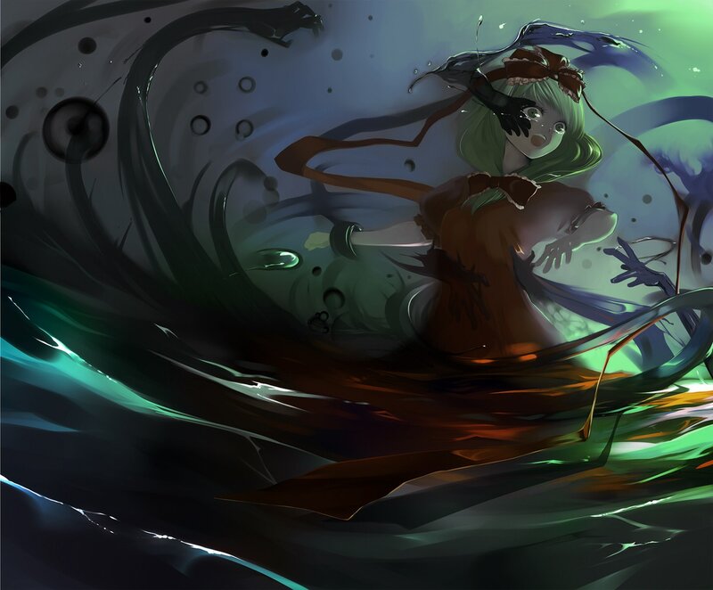 green-haired girl in dark water