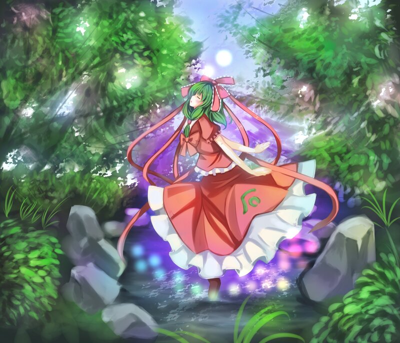 Green-haired Girl in Dress — Green, Serene, Afternoon, Anime, Forest, Stream