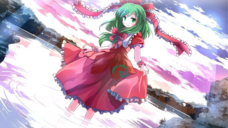 Green-haired Girl in Dress — Pink, Dramatic, Sunset, Anime