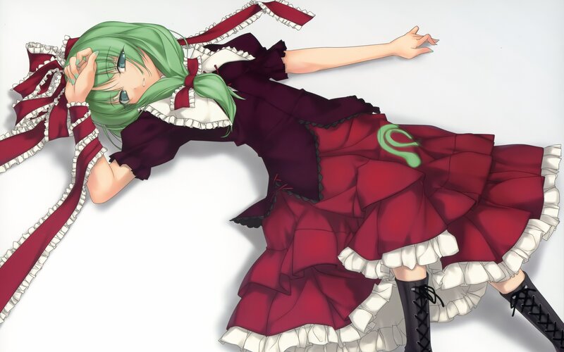 Green-haired Girl in Dress — Red, Calm, Anime, Ribbon
