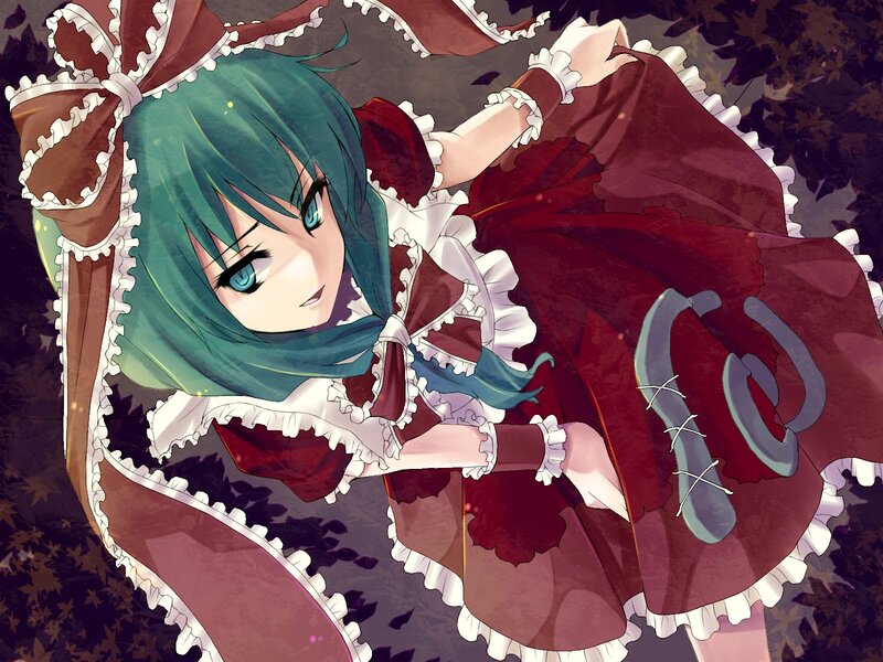 Green-haired Girl in Dress — Red, Dramatic, Autumn, Anime, Bow