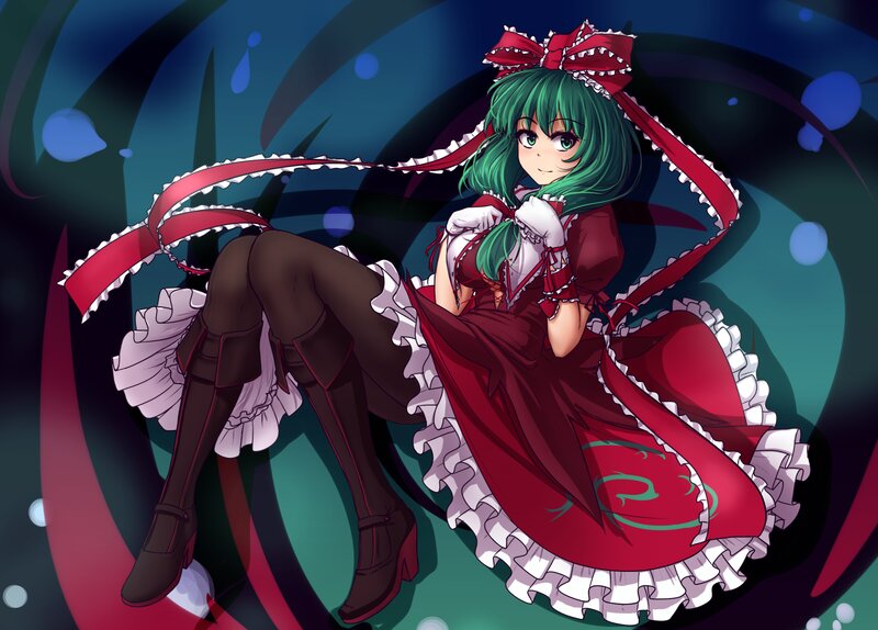 Green-haired Girl in Dress — Red, Dramatic, Night