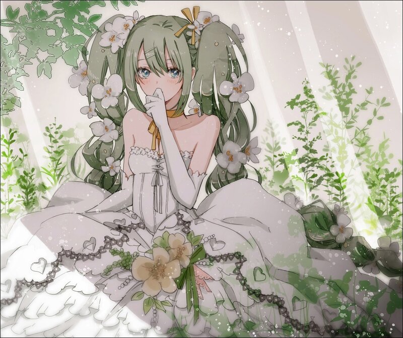 Green-haired Girl in Dress — White, Serene, Spring