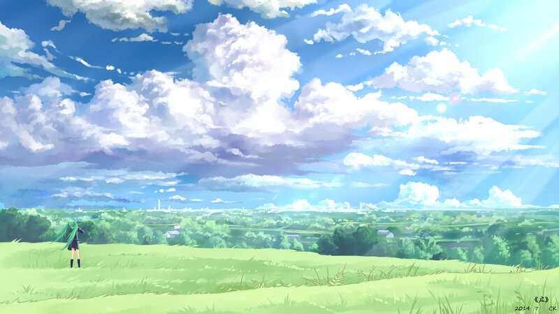 Green-haired Girl in Field — Blue, Serene, Afternoon, Anime, Clouds