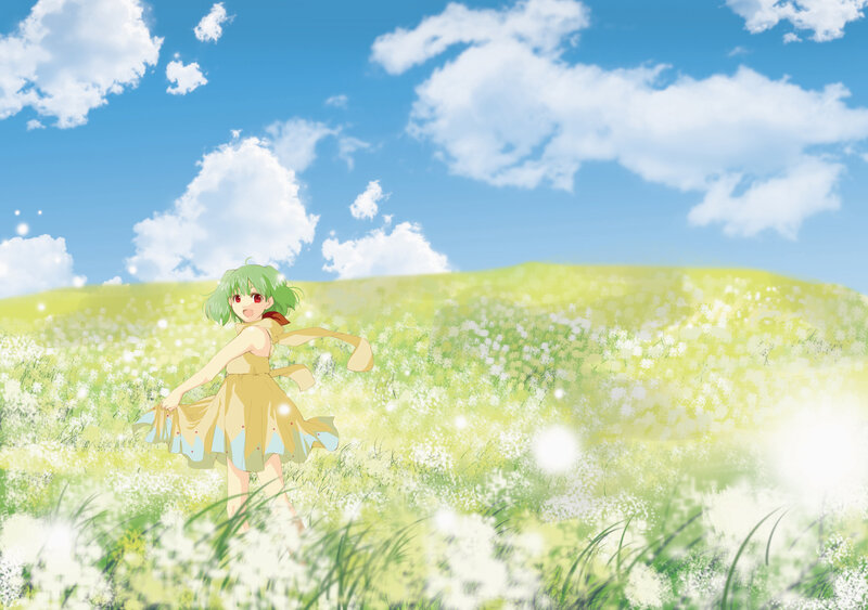 Green-haired Girl in Field — Blue, Serene