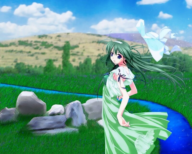 Green-haired Girl in Field — Green, Serene