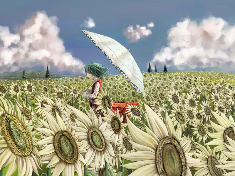 Green-haired Girl in Field — White